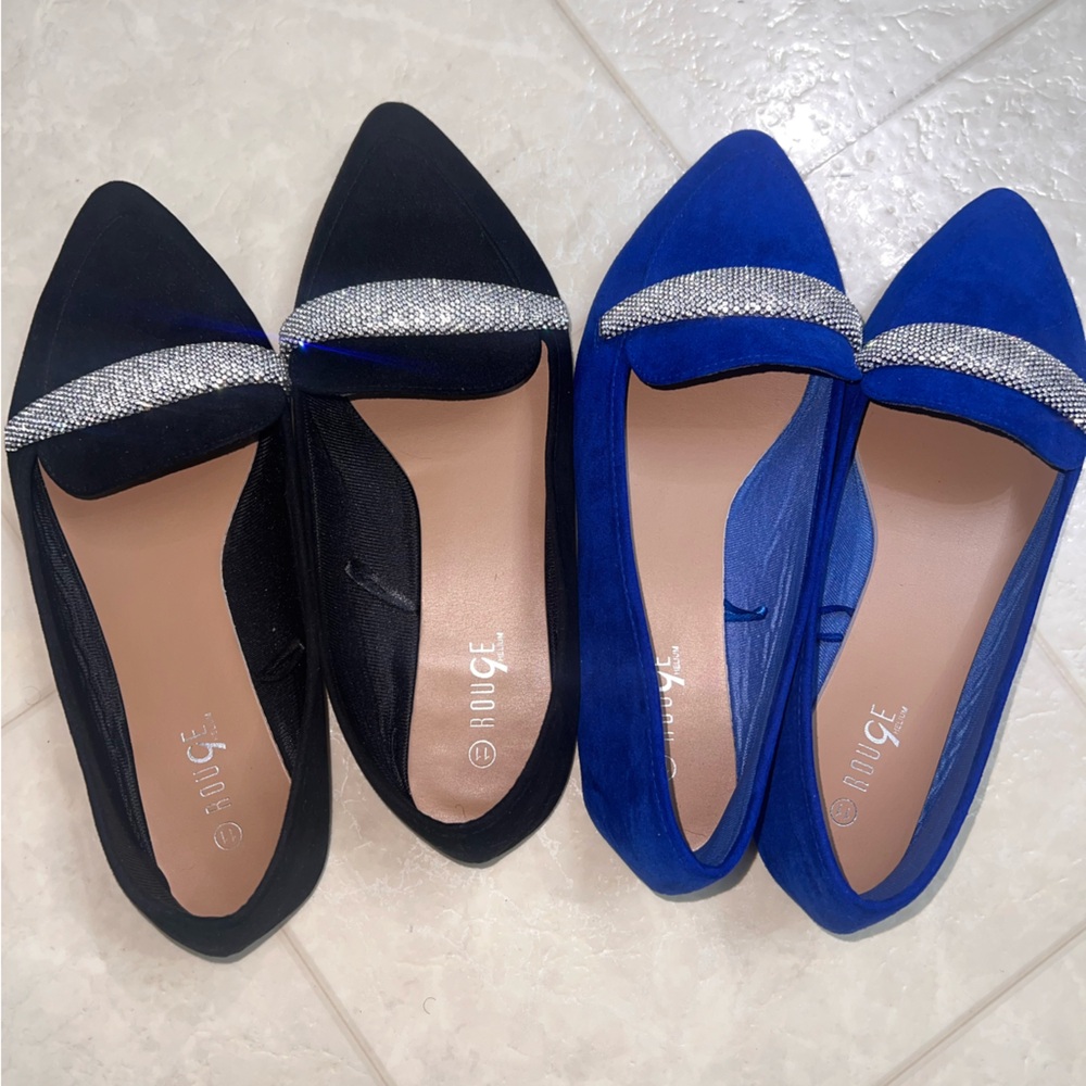 Rouge Helium Black & Royal Blue Pointed Flats with Rhinestone Strap